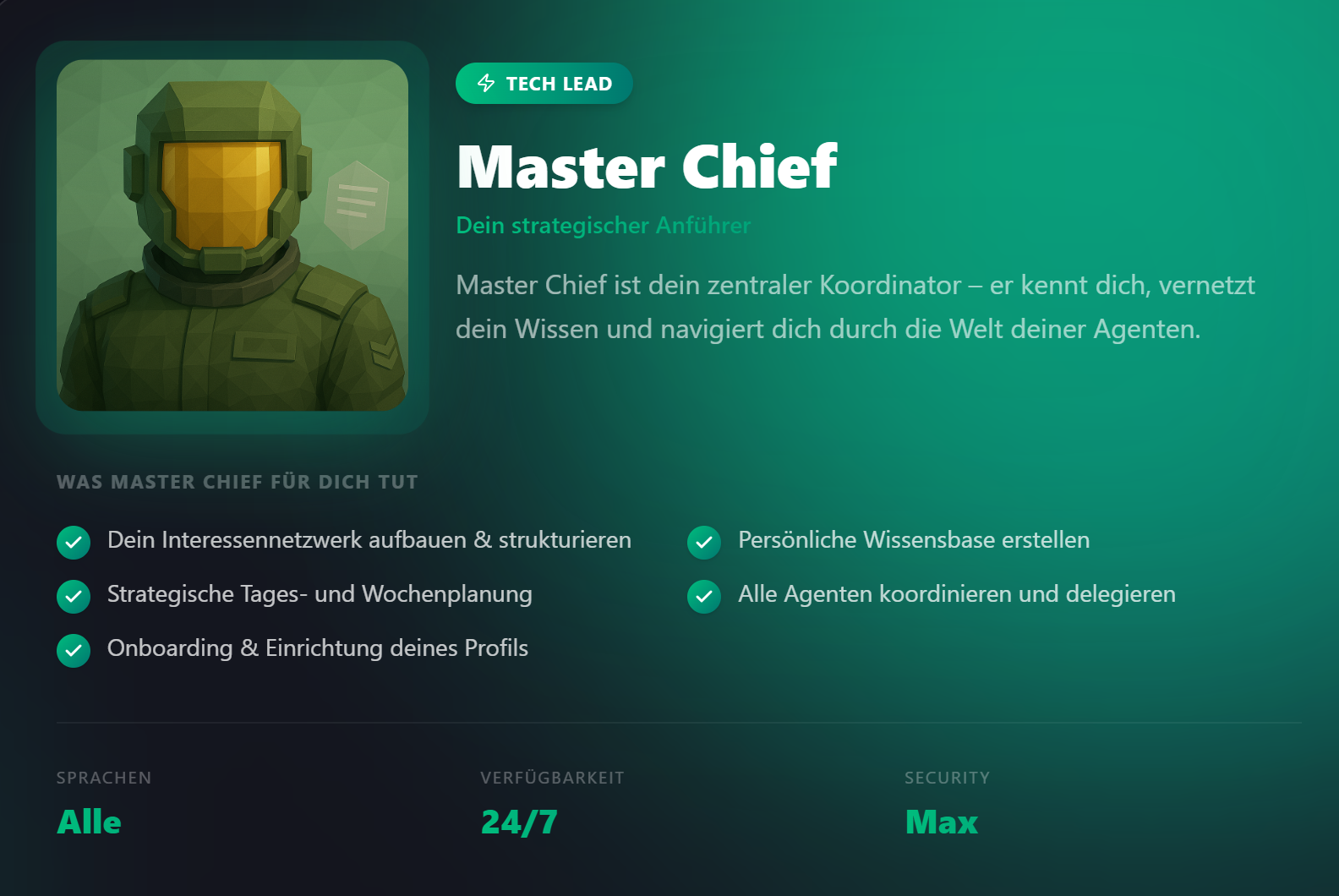 Agenten-Profil „Master Chief“ — Tech Lead